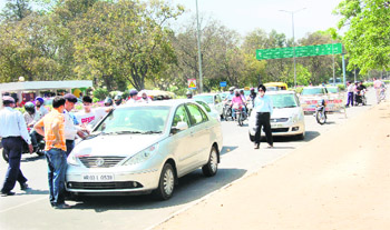 The Chandigarh traffic police challans a car driver for over speeding on Madhya Marg in Chandigarh. The police launched a special drive on Monday in which 144 motorists were booked for over speeding and challaned another 70 drivers for miscellaneous offences.