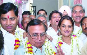 BJP members after filing nomination papers for the posts of Mayor, Deputy Mayor and members of the standing committee at Town Hall in Old Delhi