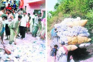 Plastic bottles being cleared from the Neelkanth temple near Rishikesh during the kanwar mela; and (right) a truckload of waste plastic water bottles in Haridwar.