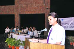 A participant at an inter-school English debate held at Welham Girls School in Dehradun on Monday. 