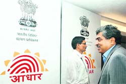 UIDAI chief Nandan Nilekani at the unveiling of brand name Aadhaar and its logo in New Delhi on Monday.