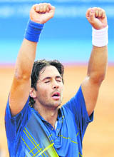 Fernando Verdasco celebrates after winning the final of the Barcelona Open tennis tournament against Robin Soderling on Sunday. Verdasco won 6-3, 4-6, 6-3.