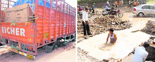 A truck stuck in a muddy patch of a road at the Sector 33-34 roundabout in Chandigarh on Tuesday; and (right) employees engaged in fixing water leakage at the same spot a few days ago.