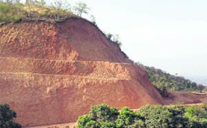 A hill cut down by followers of a religious sect on the Chintpurni- Dehra state highway in Kangra district.