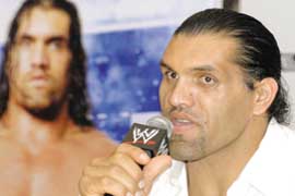 WWE wrestler Dalip Singh, alias The Great Khali, speaks to the media at a press conference in New Delhi 