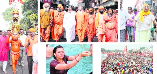 (Clockwise from top left) A devotee dressed up as Lord Hanuman; mahants of all akhadas go for a holy dip; an old woman devotee being accompanied by a relative; the rush of devotees at Har-ki-Pauri; and a devotee offers water to the Sun God in Haridwar