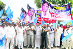 BSP activists assemble outside Haryana Raj Bhawan in Chandigarh to meet the Governor on Mirchpur violence