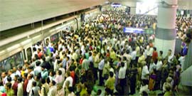 A view of the crowded Rajiv Chowk station after services on line 3 of the Delhi Metro were hit due to a snag, in New Delhi on Thursday.