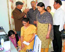 HelpAge India country head Avenash Datta inspects a physiotherapy centre in Mussoorie on Thursday. 