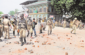 Stones and bricks strewn all over the place after a stone-pelting round targeting security personnel during a protest in Srinagar on Friday.