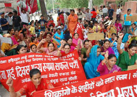 Activists of the All India Nepalis Unity Forum holding a rally to mark the May Day in Bathinda on Saturday.