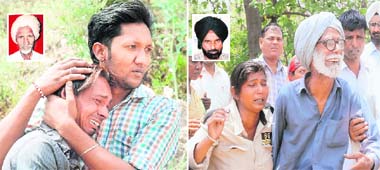 Right:Wife and father of Sucha Singh (inset); and the grieving family of Gurdial Singh (inset) at the crime scene near Hallo Majra in Chandigarh on Saturday. 