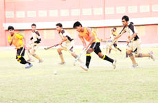 A match in the 6th S Kandhari Memorial Hockey Tournament in Dehradun