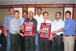 Members of the GVK EMRI 108 service and the Mussoorie Hotel Association display the publicity material in Mussoorie on Friday.
