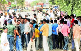 Villagers of Shekpura block the Karnal-Meerut road in Karnal on Saturday. Tribune photo: Ravi Kumar