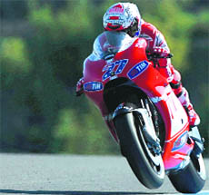 Ducati MotoGP rider Casey Stoner of Australia rides his bike during the second free practice session of the Spanish Grand Prix in Jerez, southern Spain on Saturday. 
