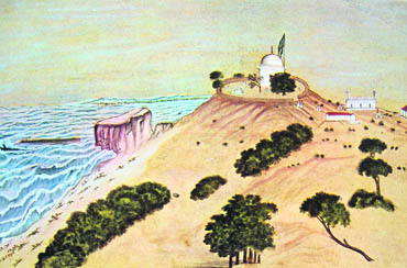 View of the shrine of Haji Kirmani by the seaside. Painting by an unknown Kutch painter. 