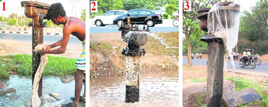 BIG LOSS: Even as the municipal corporation makes tall claims on checking water wastage, the precious commodity is going down the drain at different places (photo No 1 Kajehri), photo No 2 ( dividing road of Sectors 43 and Sector 2) and photo No 3 (dividing roads of Sectors 46 and 47) in Chandigarh
