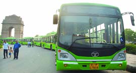 Low-floor buses lined up at India Gate for the unveiling ceremony on Sunday.