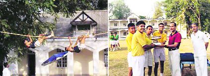 Cadets participate in the Inter-Section Obstacle Competition at RIMC in Dehradun on Sunday and (right) Col Dharmarajan, SM, Commandant, RIMC, gives away a trophy to the winning team.