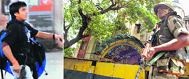 A file photo of Ajmal Kasab; and (right) an ITBP personnel stands guard near the Arthur Road Jail where a special court will pronounce its verdict on him on Monday.