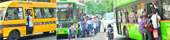 Unaware of the lurking danger, students stand at the open door of a moving bus; scramble to get a ride; and dangle from a door in Chandigarh