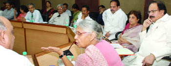 Delhi Chief Minister Sheila Dikshit with finance minister A. .K Walia, labour minister Mangat Ram Singhal, education minister Arvinder Singh and health minister Kiran Walia at a meeting of the Staff Council for Citizens at Delhi Secretariat on Monday.