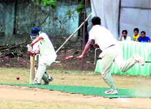 A batsman faces a delivery during a match at the 28th Uttarakhand Gold Cup Cricket Tournament in Dehradun on Monday. A Tribune photograph