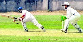A batsman plays a shot during the match between Ludhiana and Chandigarh in the Punjab State Inter-District Senior Cricket Championship at the PAU, Ludhiana.