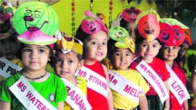 Tiny tots dressed up as fruits at Chanda Mama Playschool.