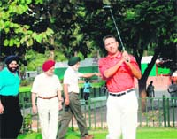 Jeev Milkha Singh does the ceremonial tee-off for the Samarvir Sahi Punjab Open Amateur Golf Championship at the Chandigarh Golf Club on Tuesday. 