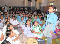 A student recites a poem at a workshop in Dehradun on Wednesday. 