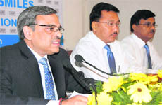 Arvind Kumar (left), Regional Director, NTPC, addresses a press conference in Dehradun on Wednesday.