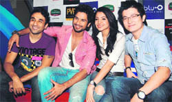 Actors Vir Das, Shahid Kapoor, Anushka Sharma and Meiyang Chang during an event to promote their film Badmaash Company in Ambience Mall, Gurgaon.