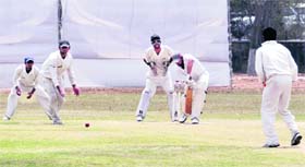 A batsman plays a defensive shot during a match between Ludhiana and Ropar in the ongoing Punjab State Inter-District Cricket Championship for Katoch Shield in Ludhiana