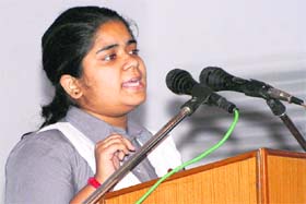 A student speaks during an inter-school declamation contest at Nehru Sishant Kendra in Ludhiana