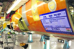 A section of the fuselage of a C-130J Super Hercules carrying the Tricolour under production in US.