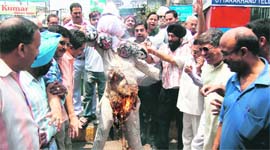 BJP workers burn a joint effigy of all five Congress MPs of the state in Dehradun on Thursday.