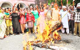 Members of the Hind Rashtriya Awami Hukook Party burn an effigy in Haridwar on Thursday.