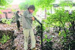 Workers remove the fencing around the boundary of the disputed land at Hotel Shivalikview in Chandigarh on Friday.