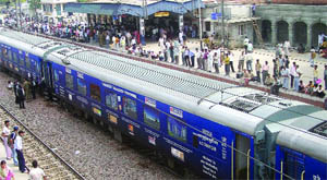 The Delhi-Amritsar Shatabadi Express stands at Narela station in New Delhi for checking after a call warned of a bomb on it on Friday.
