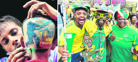 (Left) A barber gives the finishing touch to the hairstyle of a T2O World Cup Cricket Tournament fan in Howrah recently Photo: PTI; (Right) Fans of South African soccer team Bafana Bafana at the recently opened Central Terminal Building of the international airport outside Johannesburg. The 2010 World Cup kicks off in the city from June 11 Photo: Reuters
