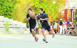 A girls match in progress at the 10th Aspen Crew Uttarakhand State Junior (u-18 years) Basketball Championship in Dehradun on Saturday. 