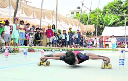A boy displays his skills at the 6th All-India Roller Skating Competition in Dehradun on Saturday.