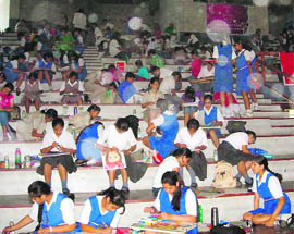 Children attend the painting competition at Carmel Convent School