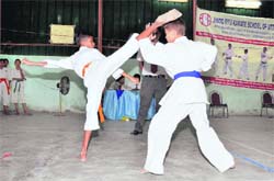 A karate match in progress at the karate championship in Dehradun on Sunday.