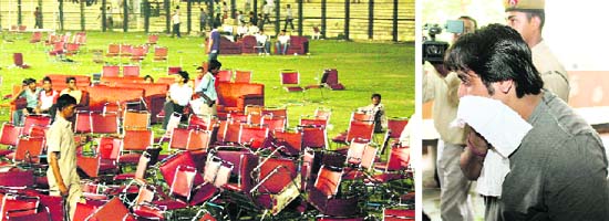 An irate mob ransacks the venue of a wrestling-cum-fashion show on Saturday night; and (right) DS Babbar, organiser of the show, being produced before the Duty Magistrate in Gurgaon on Sunday