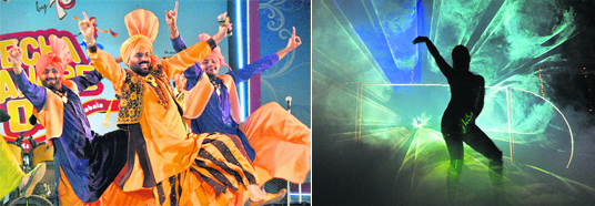Punjabi folk singer Pammi Bai performs; and (right) a laser show in progress during the finale of ‘Pechcha Bhangre Da’ in Ludhiana.