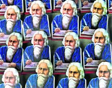 Photographs of Rabindranath Tagore on display at a stall during his 150th birth anniversary celebrations in Kolkata on Sunday.