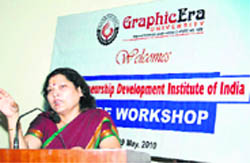 Shipra Singh, Professor, EDII, speaks at a function at Graphic Era University in Dehradun
